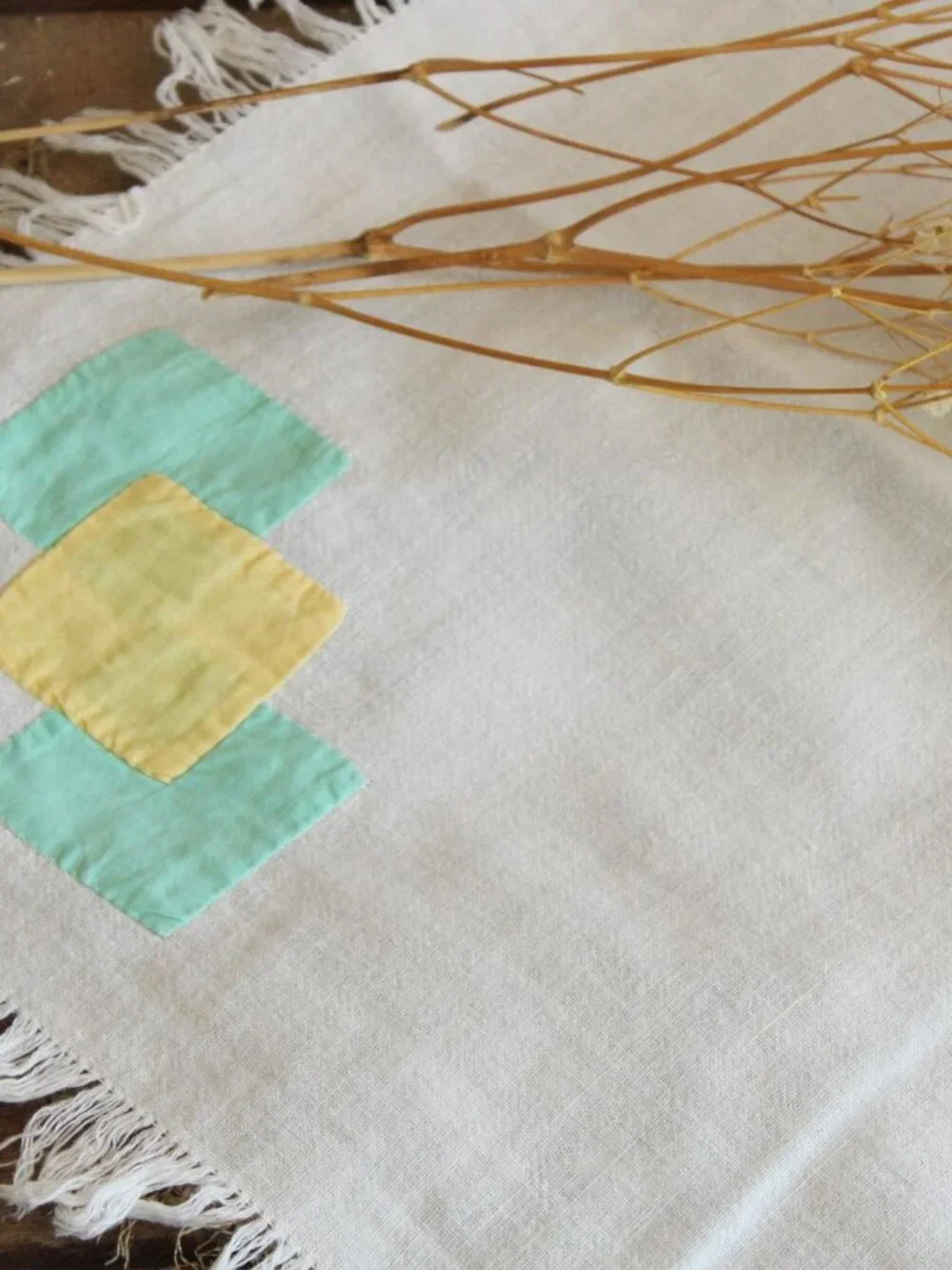 Vintage 1960s Tablecloth, 36 Inch Feedsack With Fringe and Cutwork, Cottage Core